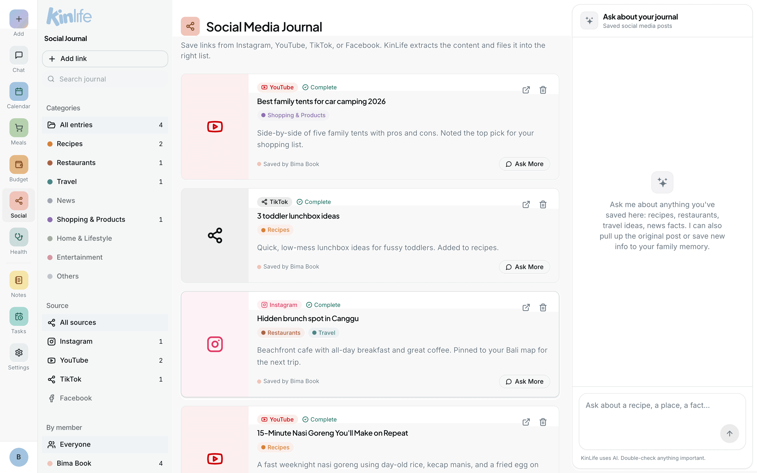 The Saved Links feed: saved posts as cards with thumbnails, summaries, and category chips, plus a sidebar to filter by category, source, and member.